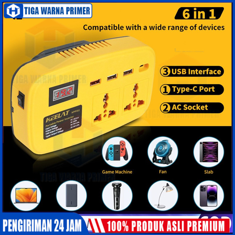 [KEELAT KPPI02] Super Power DIY Inverter Charger Portabel 6in1 21V to 220V 150W-3 USB Baterai Makita
