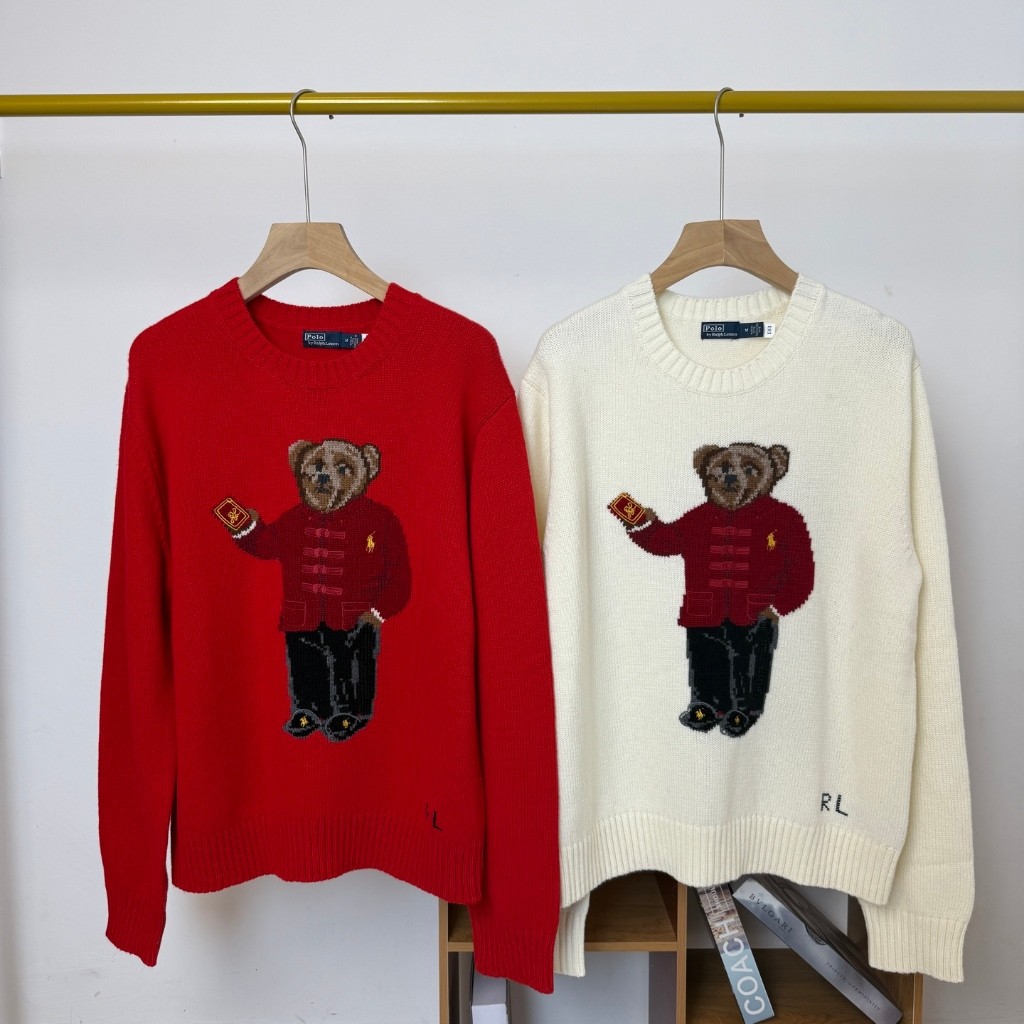 ori~RL POLO Sweater Rajut Beruang Kecil Bordir dengan Leher Bulat Baru