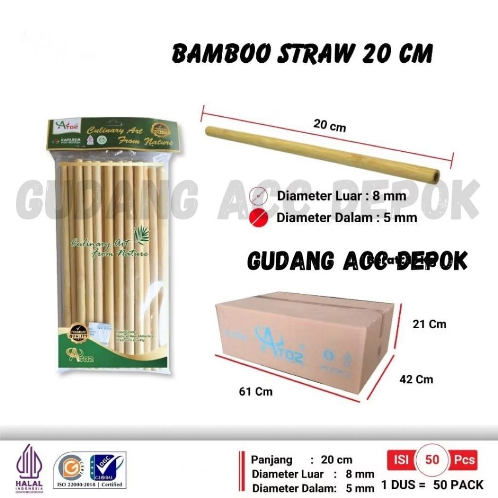 SEDOTAN BAMBOO 8MM X 20CM ISI 50 PCS MEREK ATOZ PREMIUM / SEDOTAN ASLI BAMBU 8X20 CM