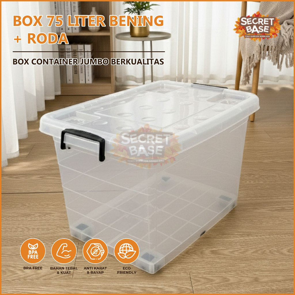 BOX 75 LITER BENING + RODA - Kontainer Box Plastik / Box Container Besar / Bening / Box Serbaguna
