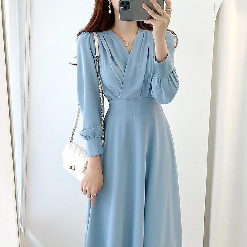 Long Dress Biru Wanita Kekinian Korean Style Dress Lebaran Simple Elegan Lengan Panjang Dress Pesta 