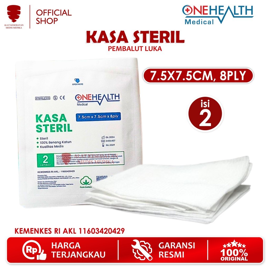 OneHealth Kasa Sterile 7.5x7.5 cm 8 Ply isi 2  Peralatan Pembersih Perban Lipat Dalam Penutup Luka P