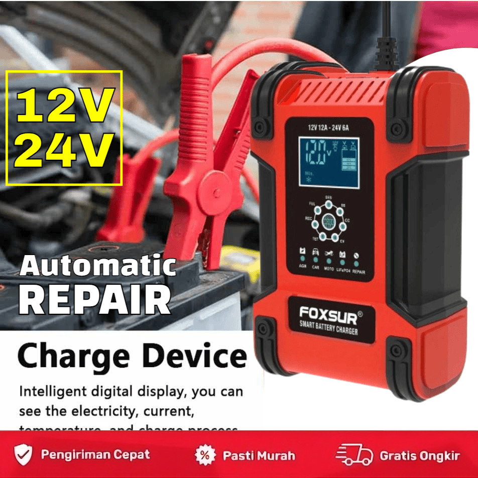 Charger Aki Foxsur Carger Aki Mobil Motor 150W 12-24V 12A 200Ah with LCD - FBC122412D