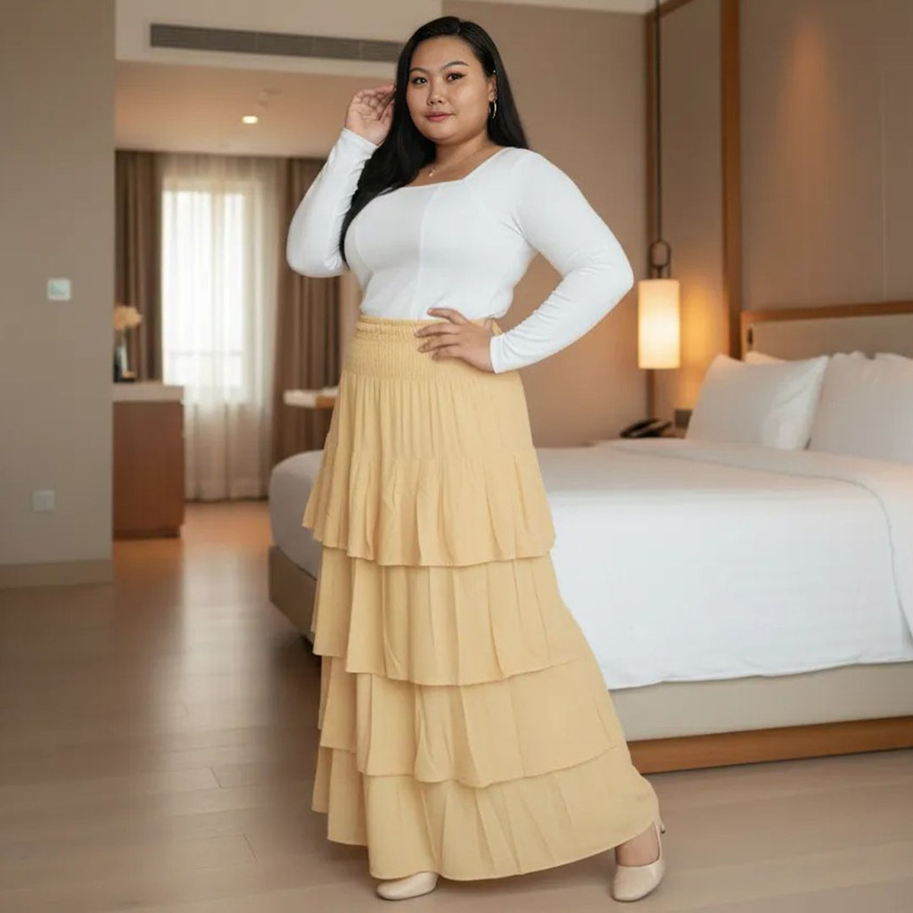 Rok Tumpuk Panjang Ruffle Rayon Karet Kerut Elegant