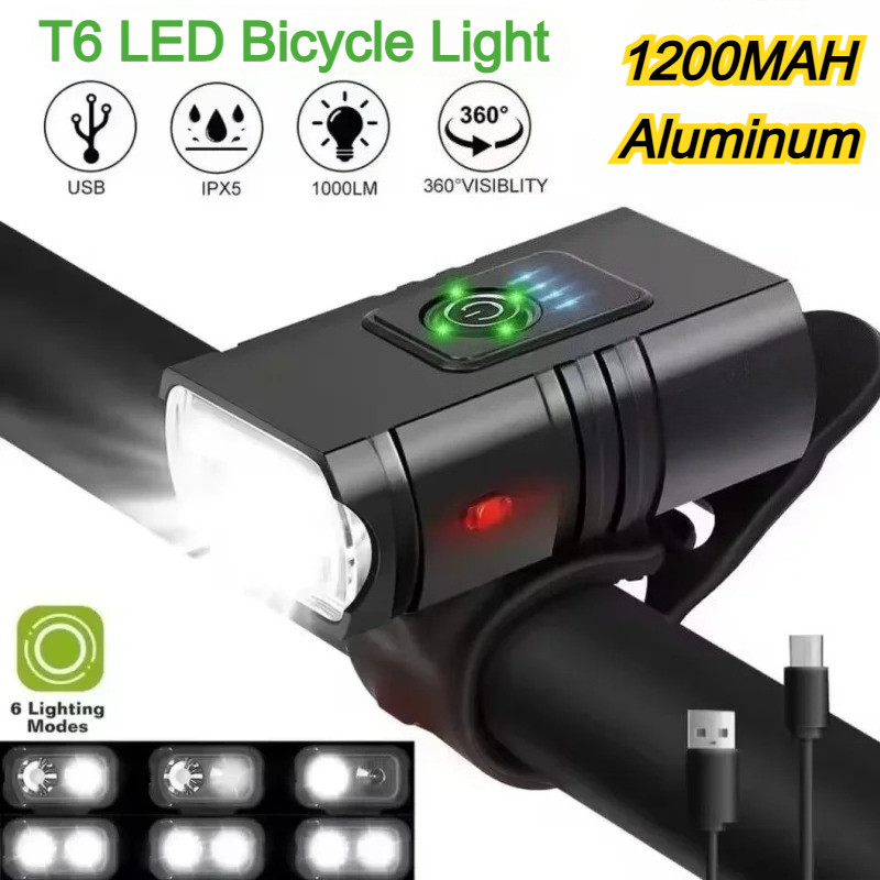 Lampu Sepeda Isi Ulang T6 LED, Lampu Sepeda 6 Mode, Senter MTB, Lampu Depan Sepeda untuk Bersepeda, 