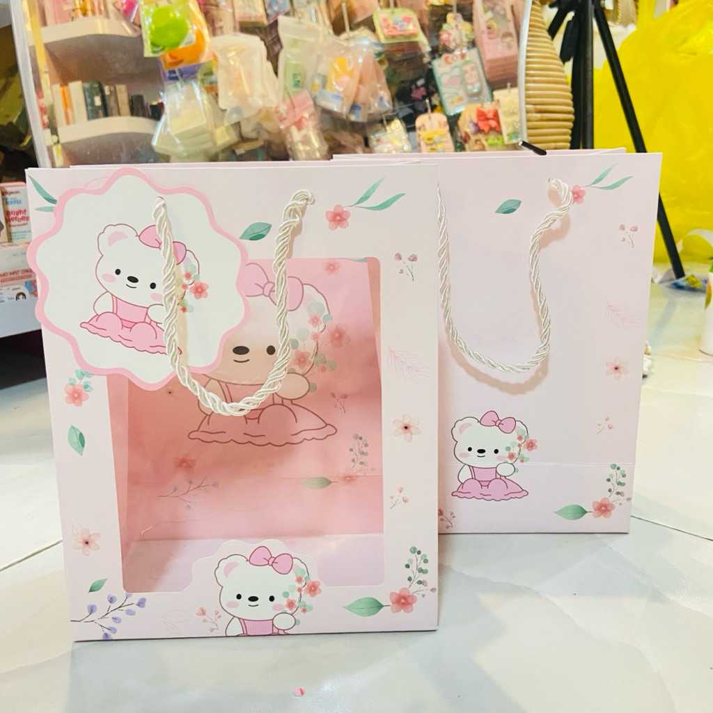 Paper bag motif beruang pink bening,paper bag lucu