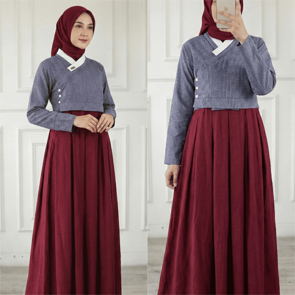 GABRIEL| Set Gamis Semi Wool Salur Kombinasi Linen Airflow Baju Muslim Motif Garis Korean Style