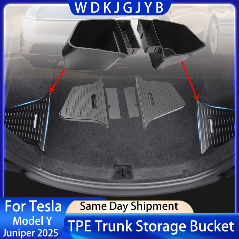 For Tesla Model Y Juniper 2025 Rear Trunk Side Storage Box Cargo Organizer TPE Bin Box +TPE Mat Part