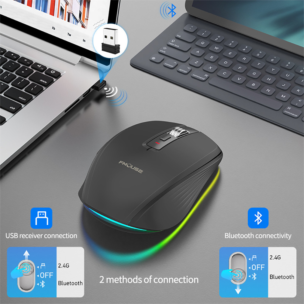 New Dual Mode Reargeable Bluetooth 2.4G Wireless Mouse RGB Mute Mouse For Windows Mac IOS Android La