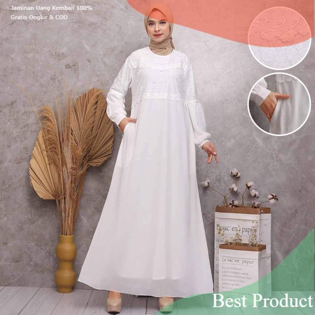 KKUM OFFICIAL Gamis Putih JUMBO Baju Lebaran Umroh Haji Busana Muslim Hijab Dress Brukat AGNES Wanit