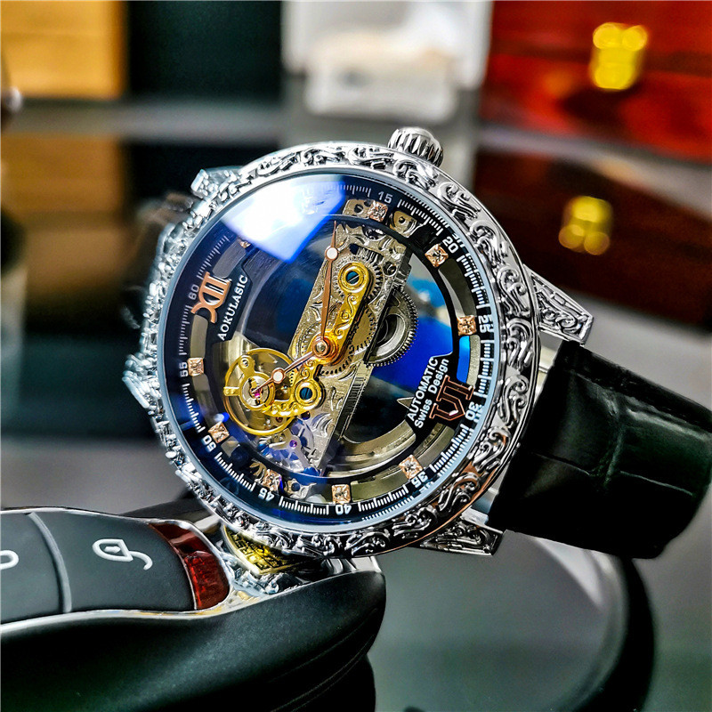 Jam tangan mekanis otomatis penuh untuk pria, desain berongga dua sisi, tahan air, bercahaya, model 