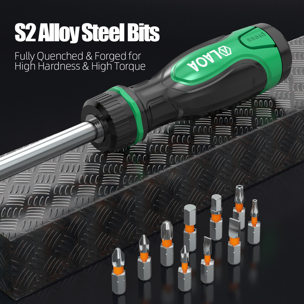 Set Obeng Ratchet LAOA dengan 12 Mata Obeng Baja Krom Vanadium, Pegangan Ergonomis untuk Teknisi Lis