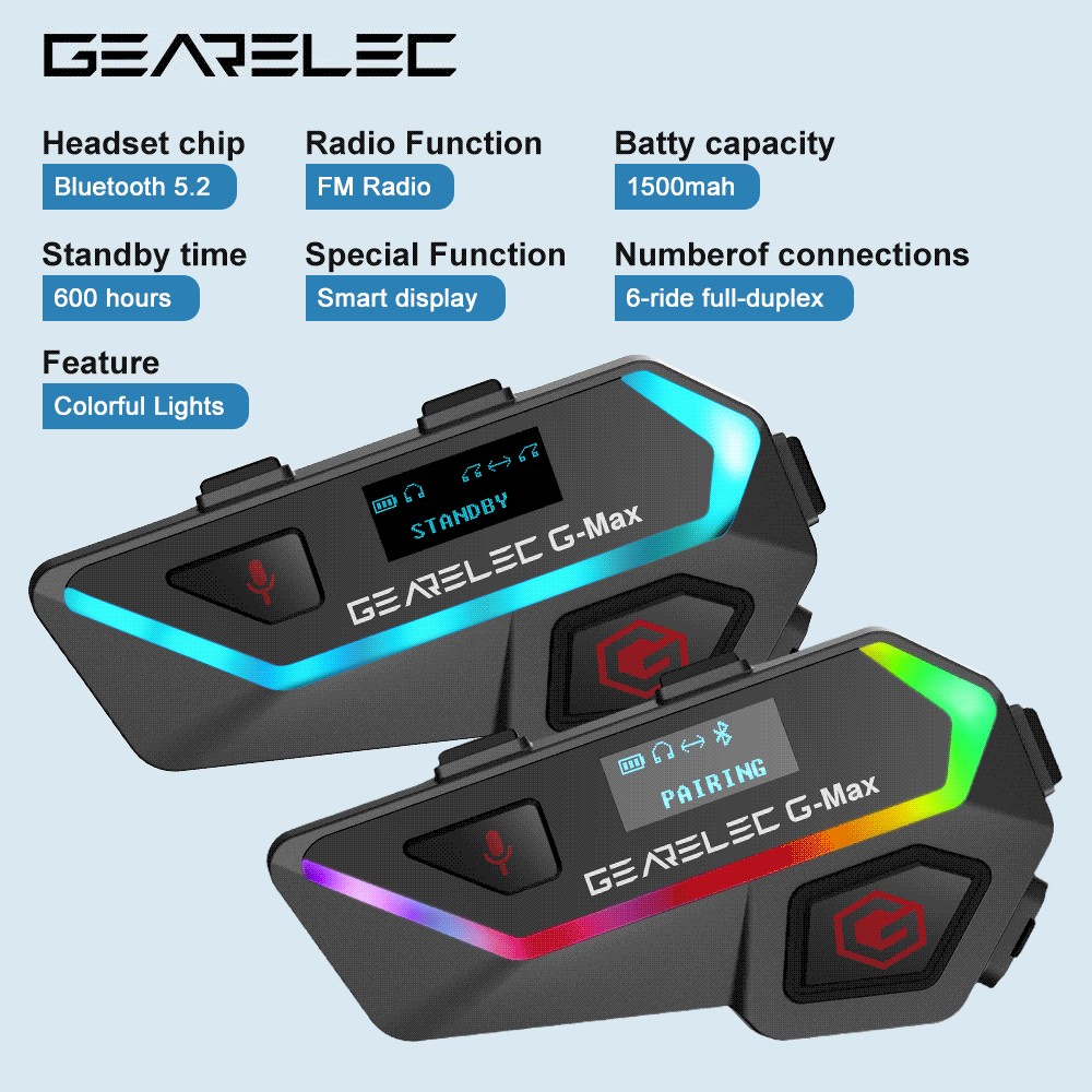 GEARELEC G-Max Motorcycle Helmet Intercom 6-Rider 2KM Communication,Moto Interphone Earphones,Smart 
