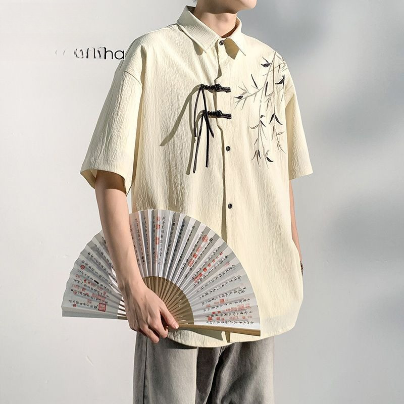 Kemeja lengan pendek pria China baru bersulam jaket atas tipis