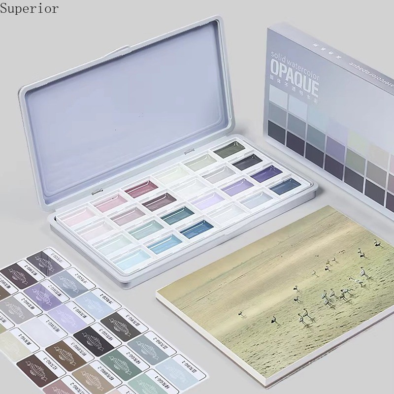 Superior Half-solid Non-transparent Watercolor Paint Set With Paintbrush 24 Colors Water Color Pigme