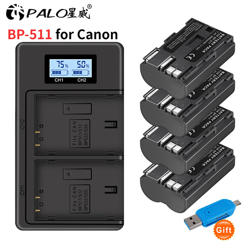 Palo 2650mAh BP-511 BP511 BP-511A Battery for Canon EOS 40D 300D 5D 20D 30D 50D + USB LCD Dual Charg