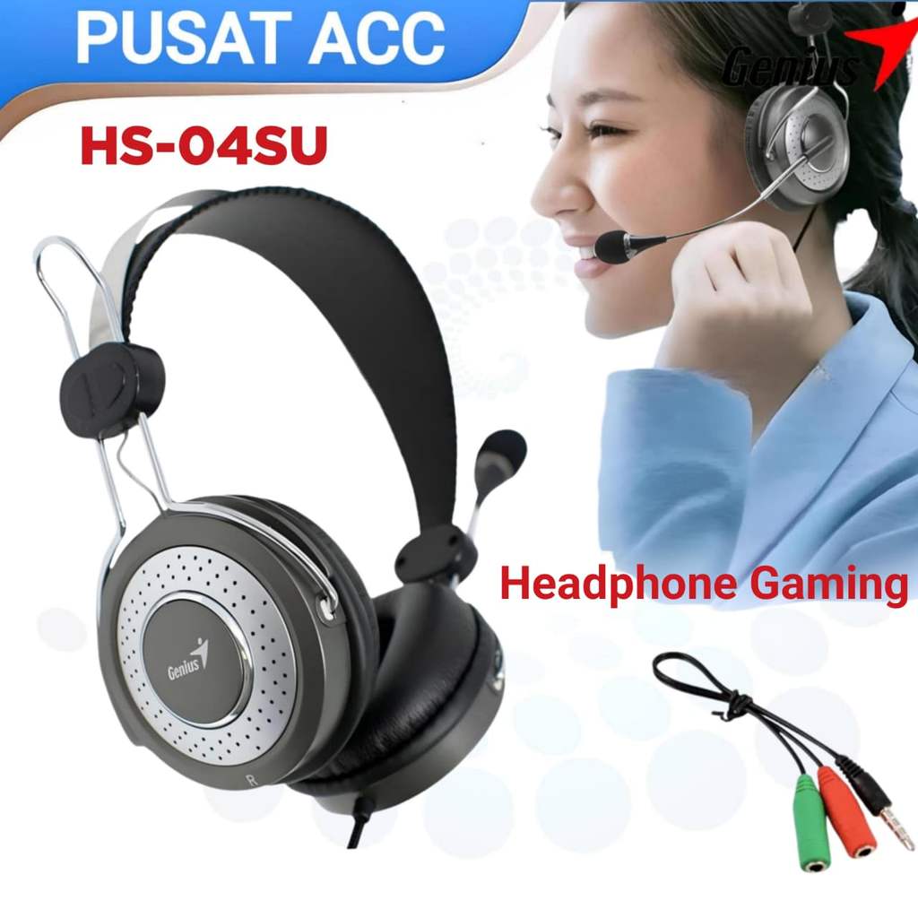 Headphone Headset Gaming Microphone GENIUS HS04SU Super Bass Universal PC Laptop Hp PC Komputer
