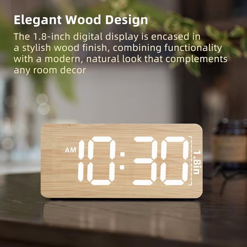 Modern Wooden Wood gital LED Desk Alarm Clock Thermometer Wireless Charger With Qi Wireless Charging