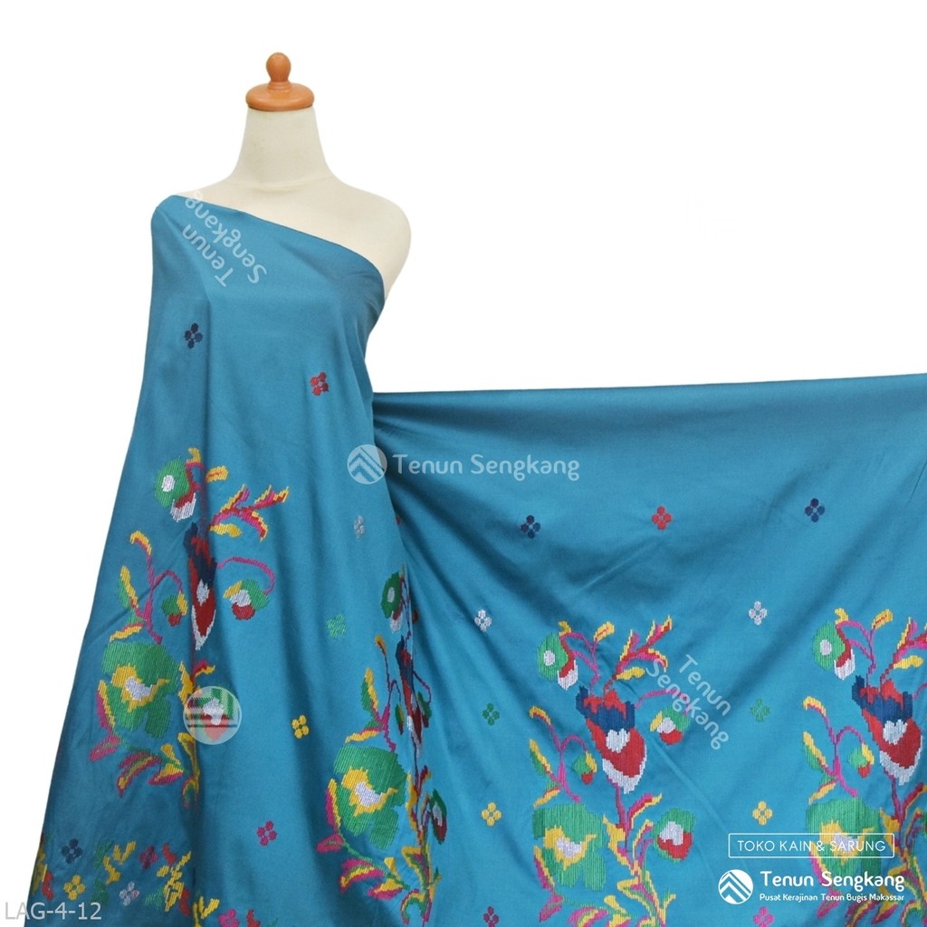 Kain Sulam Motif Bunga Lagosi Bahan Tafeeta Sutra Bugis Makassar Toska - Tenun Sengkang LAG-4-12 (Ha