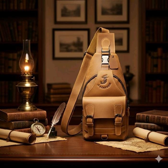 PROMO  Tas Slingbag Pria J Leather Kulit Asli Crazy Horse Cowok - Tan CH