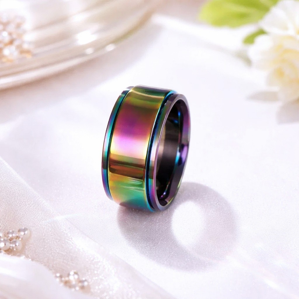 Cincin Titanium Stainless Steel Pria Wanita Motif Gradasi Pelangi Unik Cincin Daily CN-3077