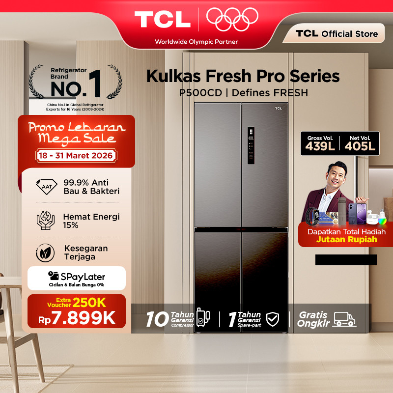 TCL Kulkas 4 Pintu - Kapasitas 439L - Twin Eco Inverter - Tanpa Bunga Es - Lemari Es - P500CD