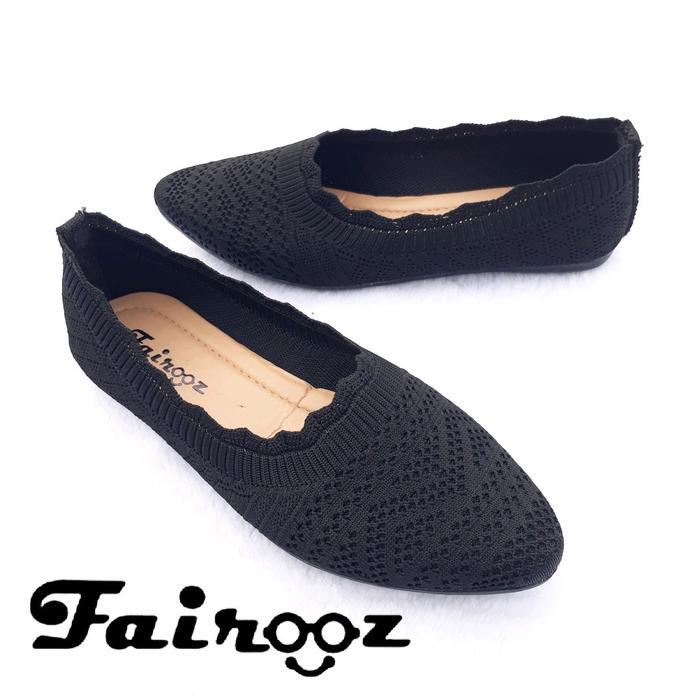 Fairooz - Sepatu Wanita Flat Shoes Rajut Import - Hitam, 37