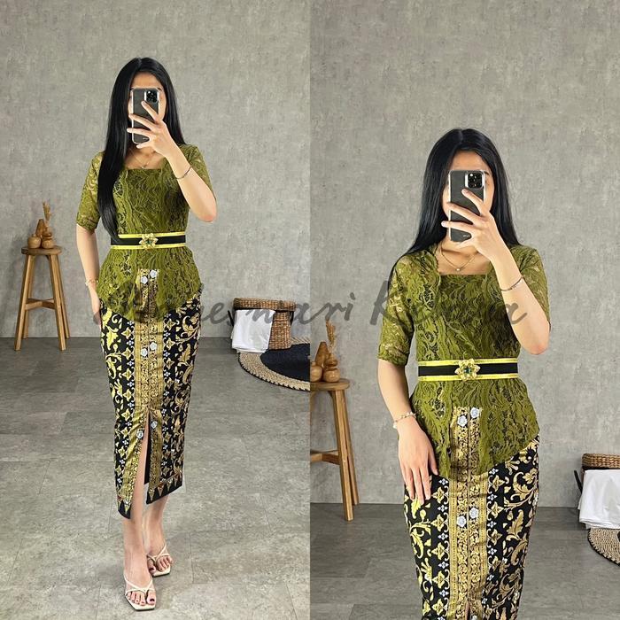 Kebaya Bali Set Brukat Bianca Hijau Army - Set, S