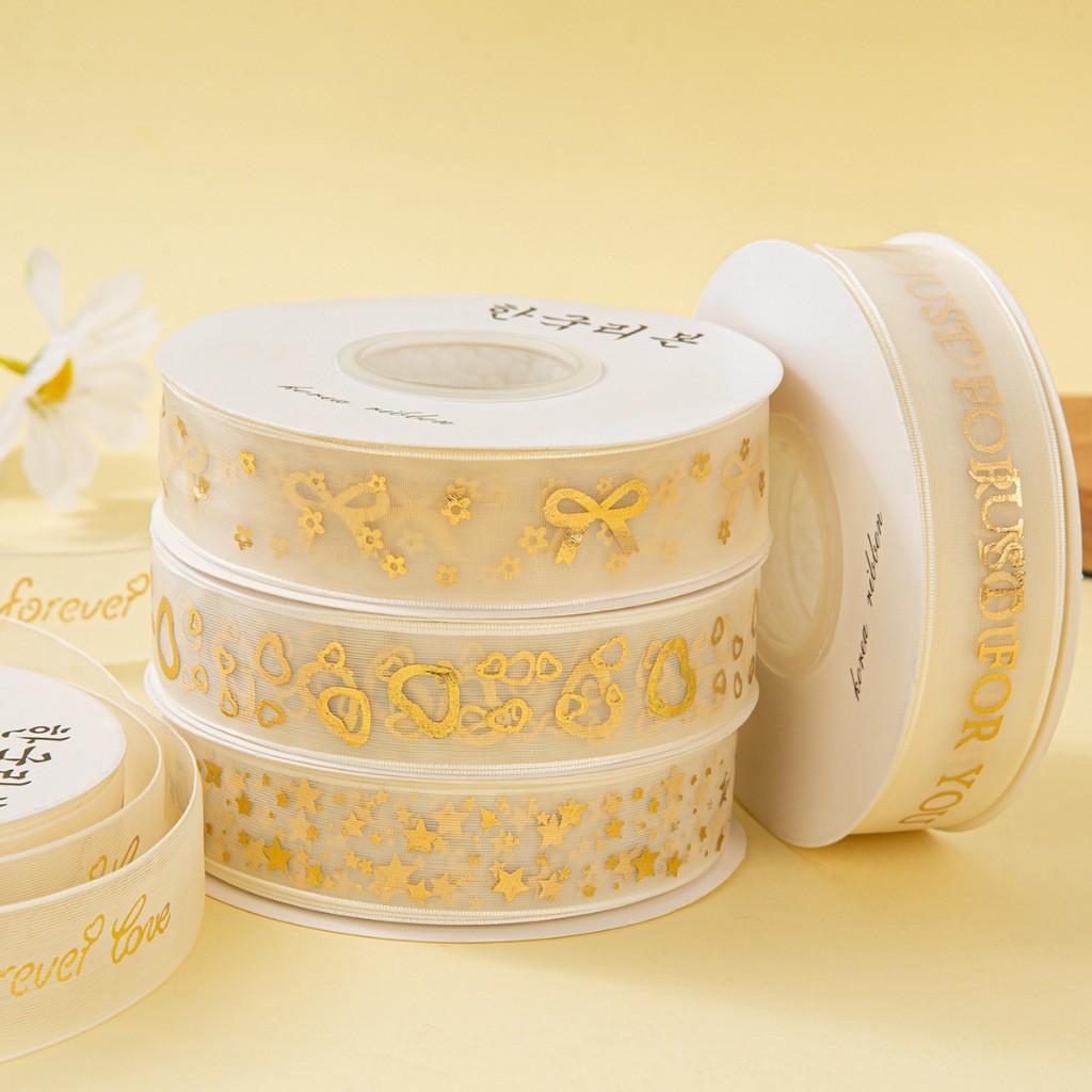 PITA ORGANZA KOREA MOTIF KADO KEMASAN HADIAH GOLD TRANSPARAN 25MM