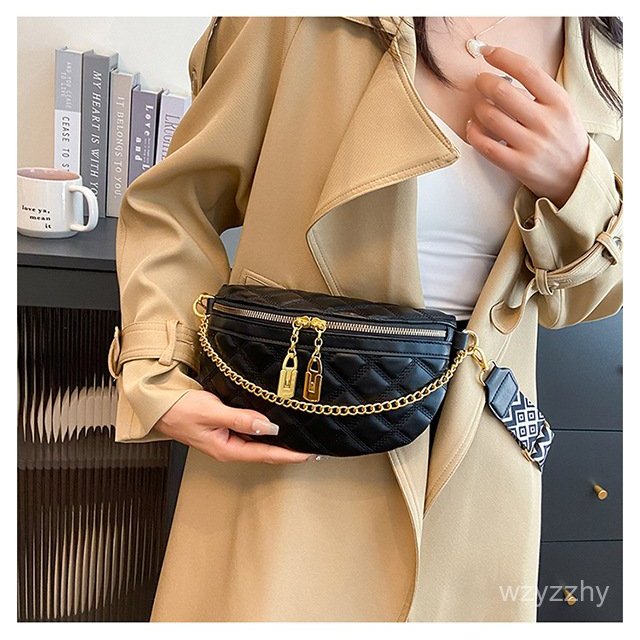 Tas Dada Wanita Tas Pinggang Gaya Chanel Rantai Quilted Tali Bahu Lebar Webbing Kapasitas Besar Tas 