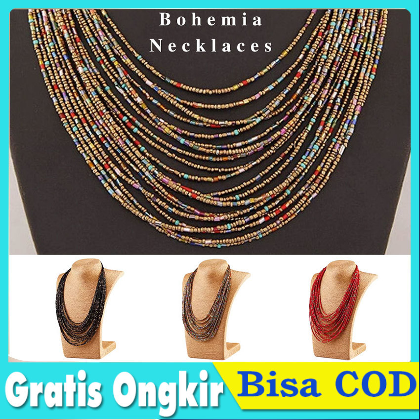 Kalung Hijab Panjang Manik Manik Etnik 2 Layer Kalung Wanita Korea Aesthetic Aksesoris Fashion Musli
