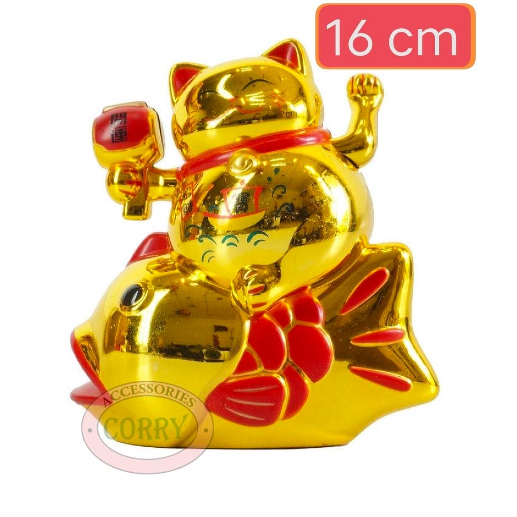 Patung Kucing Ikan Maneki Neko 16 Cm Besar Emas Merah Beruntung Lucky Cat