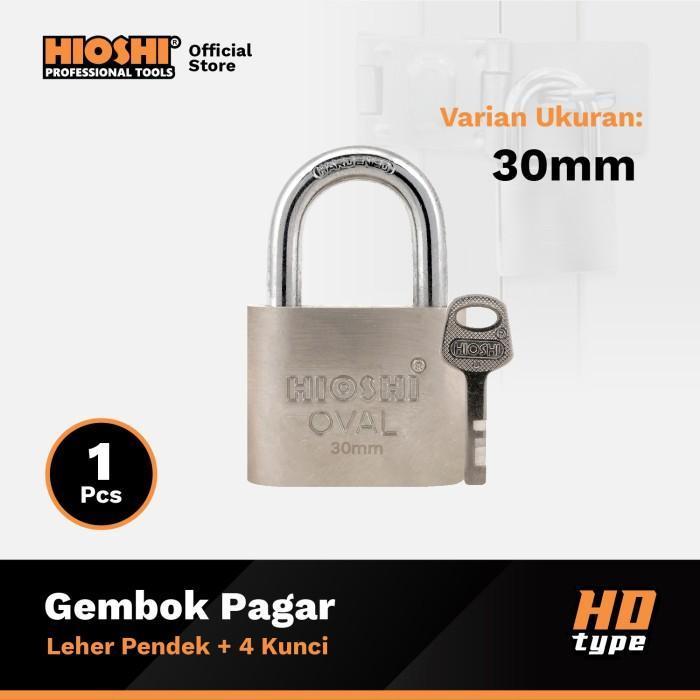 HIOSHI /Gembok Oval/LEHER PENDEK/Besi/Baja/Pagar/Satin/30 40 50 60 mm/Blister/Kunci 4bh - HD - 30mm