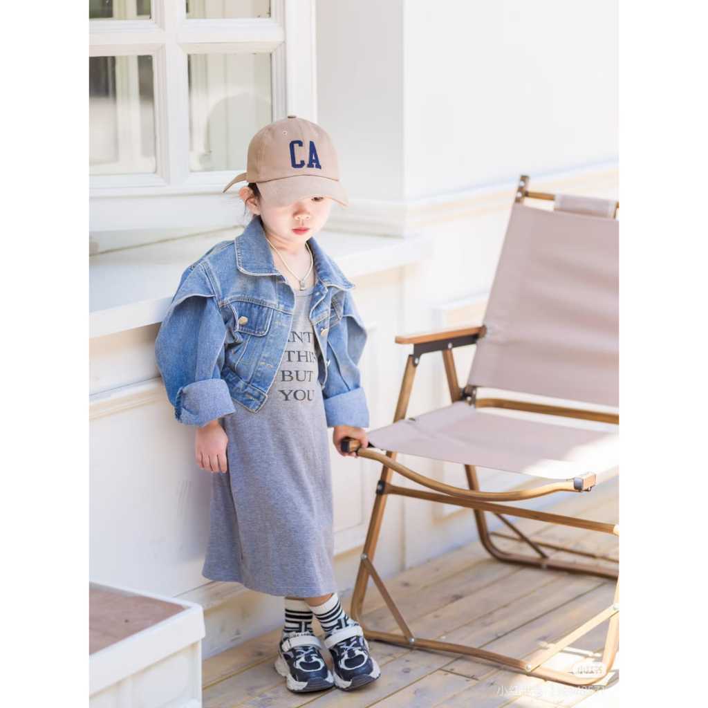 Terbaru Dres Korea Style Setelan Anak Perempuan Atasan Jaket Jeans Lengan Panjang+Dress Panjang Baha