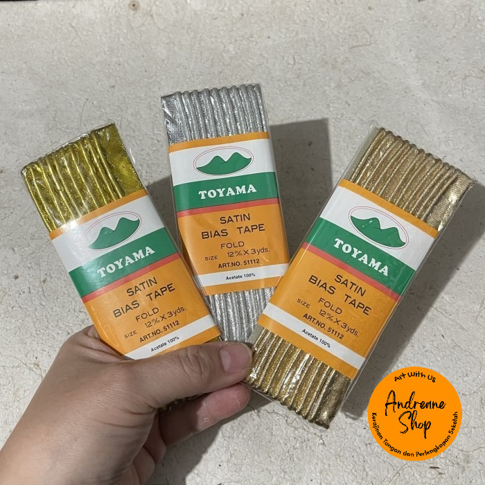 Bisban Isi Satin / Bias Tape Satin Gold Silver 12 mmx3 yard | Toyama | Harga Per Buah