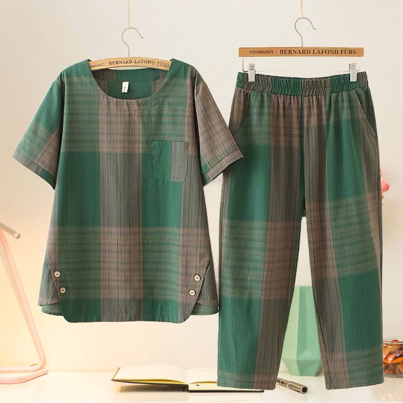 Setelan Santai Wanita Jumbo untuk Ibu-Ibu, Kaos Lengan Pendek + Celana Legging Lebar Fashionable dan