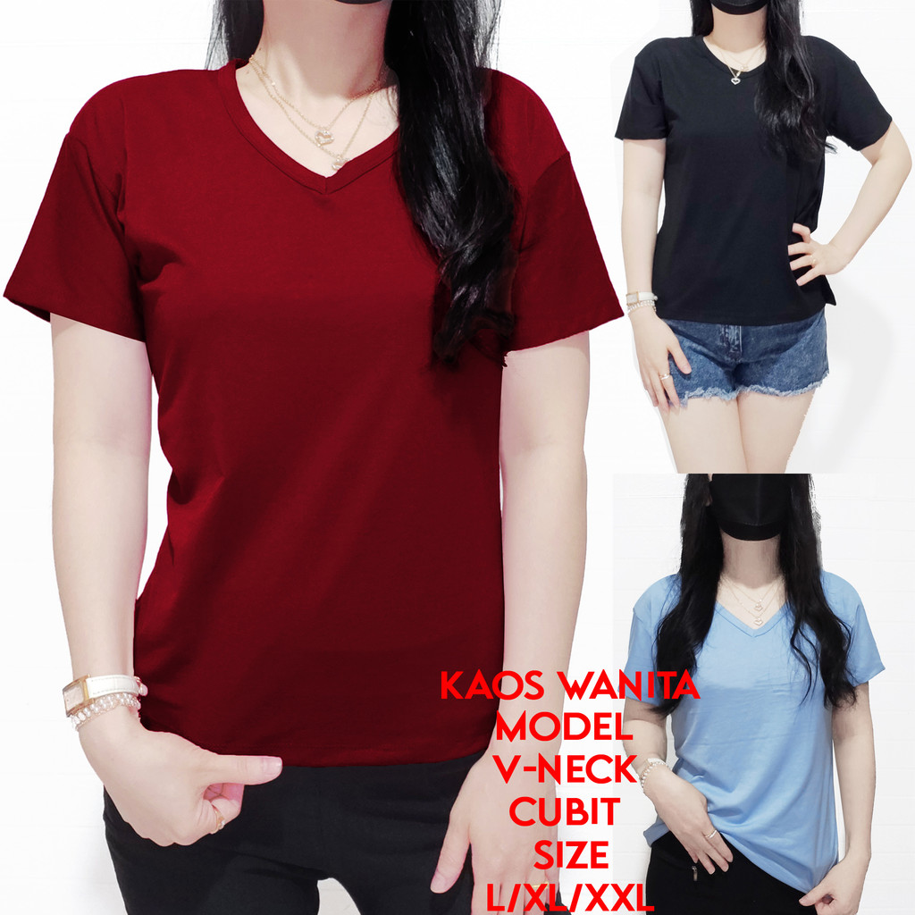 "COD-Kaos Wanita V-neck - Kaos Wanita V PENDEK - T-SHIRT POLOS / T-SHIRT MOTIF POLOS XXL-XL-L WANITA