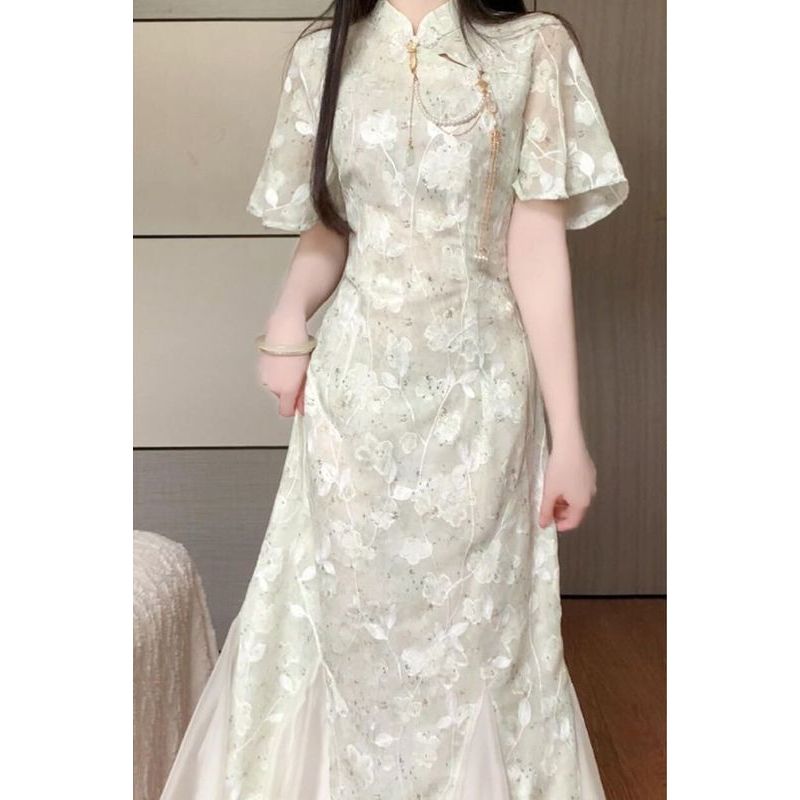 [COD]Gaun gaya Cina baru, pakaian wanita, gaya Cina ringan, cheongsam hijau, gaun Cina baru