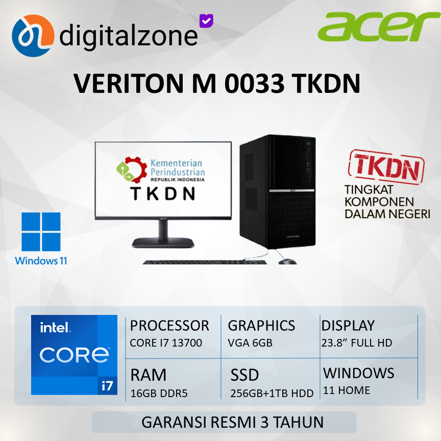 PC TKDN Acer Veriton M VM-0033 i7 13700 VGA 6GB RAM 16GB 256GB SSD + 1TB HDD W11 23.8 FHD - PC ACER 