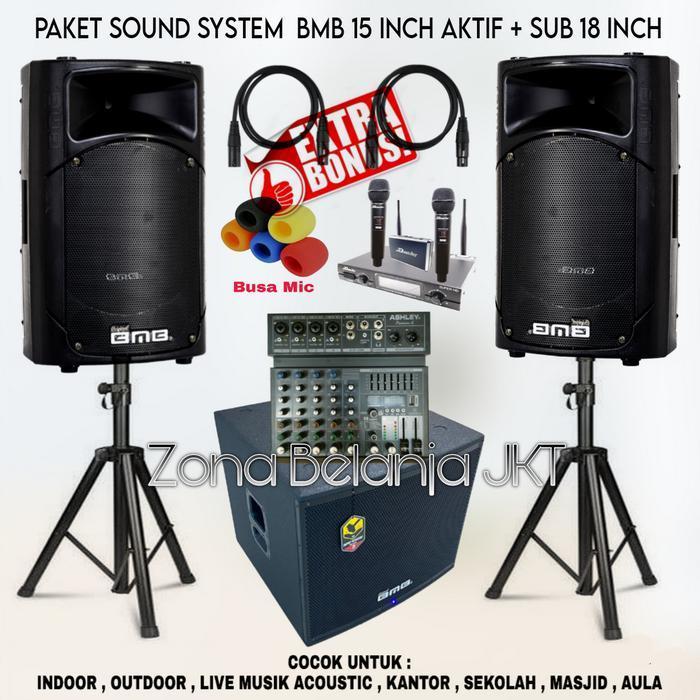 Paket Sound System Indoor Outdoor Speaker BMB 15 Inch Aktif + Subwoofer 18 Inch Aktif Mixer 6 Channe