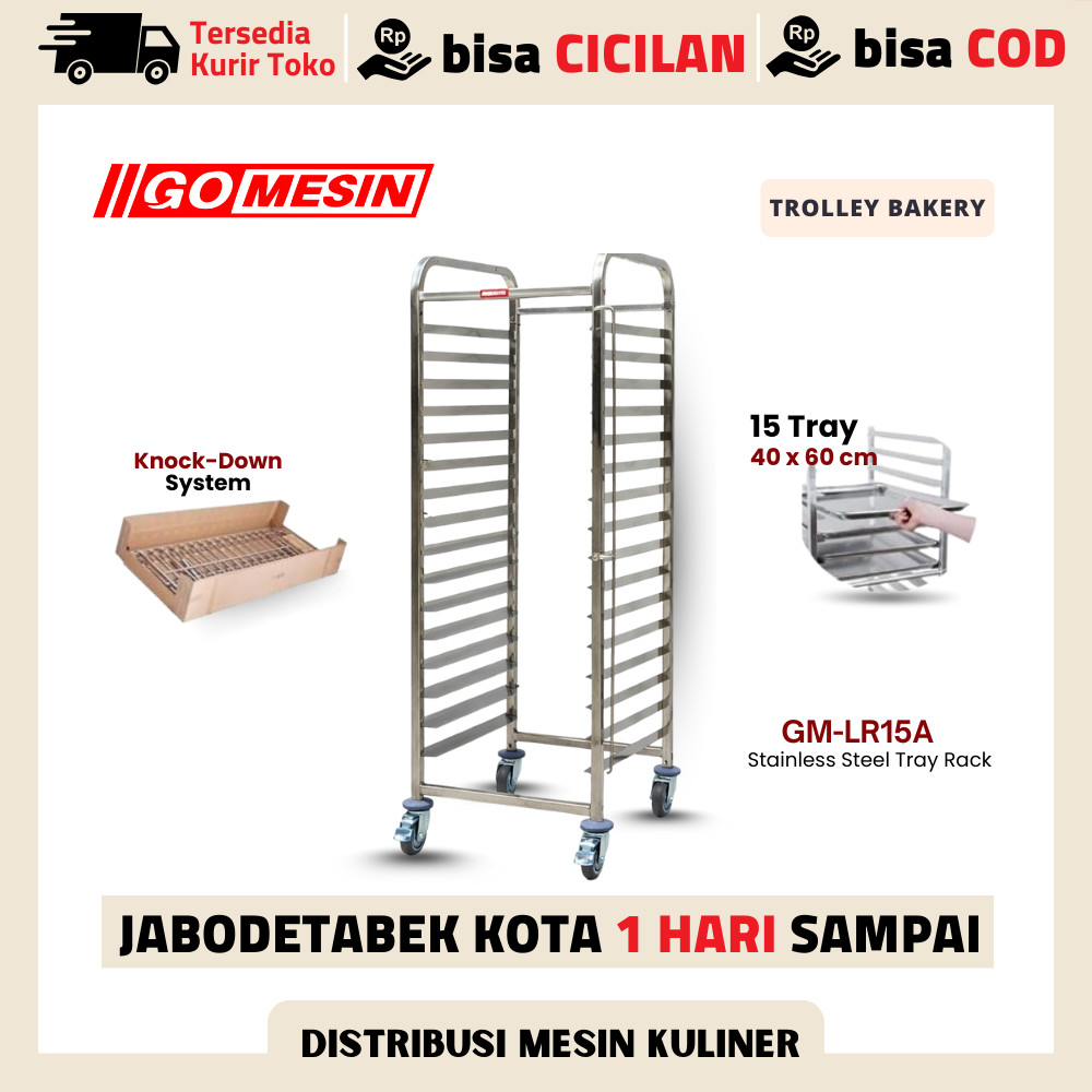 Trolley Bakery Stainless 15 Rak Susun Loyang 40x60 cm Troli Roti Stainless