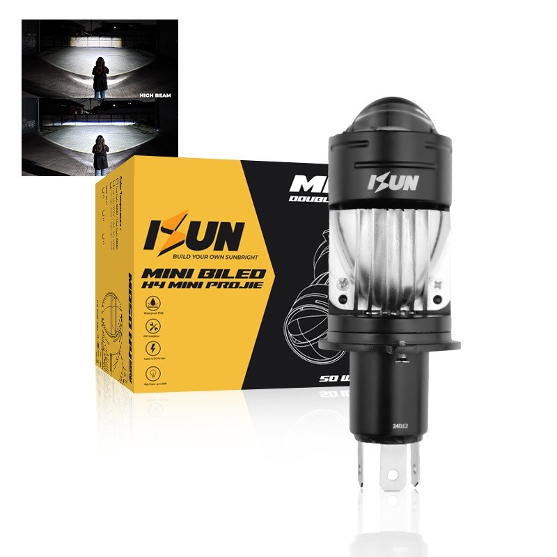 SUNMORNING    ISUN Lampu H4 Mini BILED MB50 dengan Double-Lens Laser dan Kipas Pendingin DC9-60V/50W