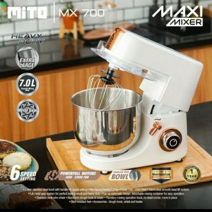MITO MX 700 Maxi Stand Mixer 7 Liter Stainless Steel Heavy Duty MX700 Bowl Gear 6 Setting Kecepatan 
