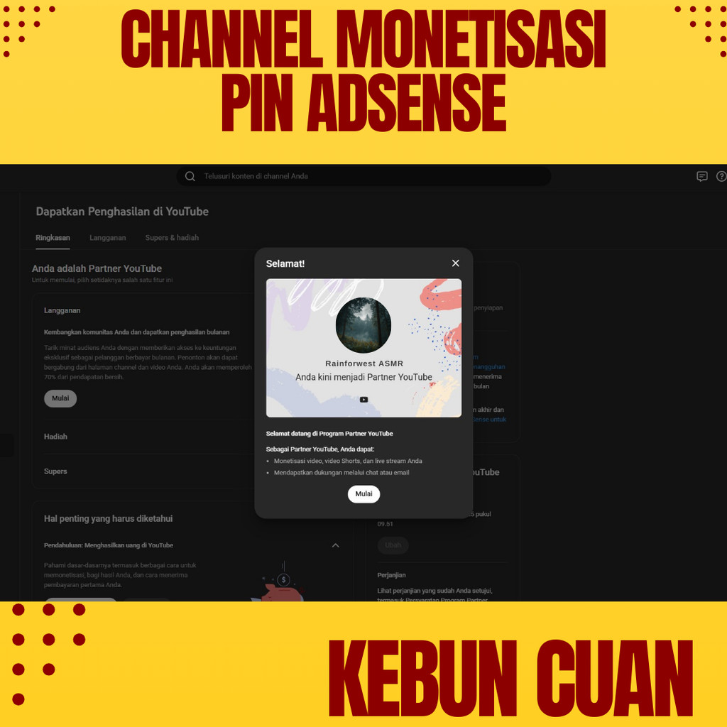 JUAL CHANNEL YOUTUBE SUDAH MONETISASI (PIN) TINGGAL PAKAI sepaket adsense
