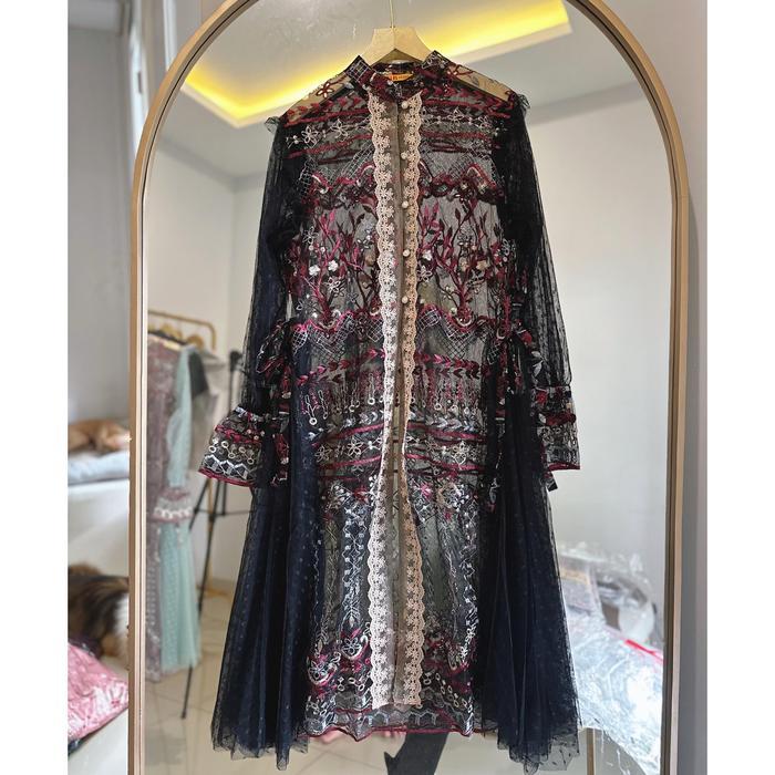 LONG OUTER NADIA TILE BORDIR BUSUI RENDA PESTA FORMAL LEBARAN - HITAM, ALLSIZE L - XL