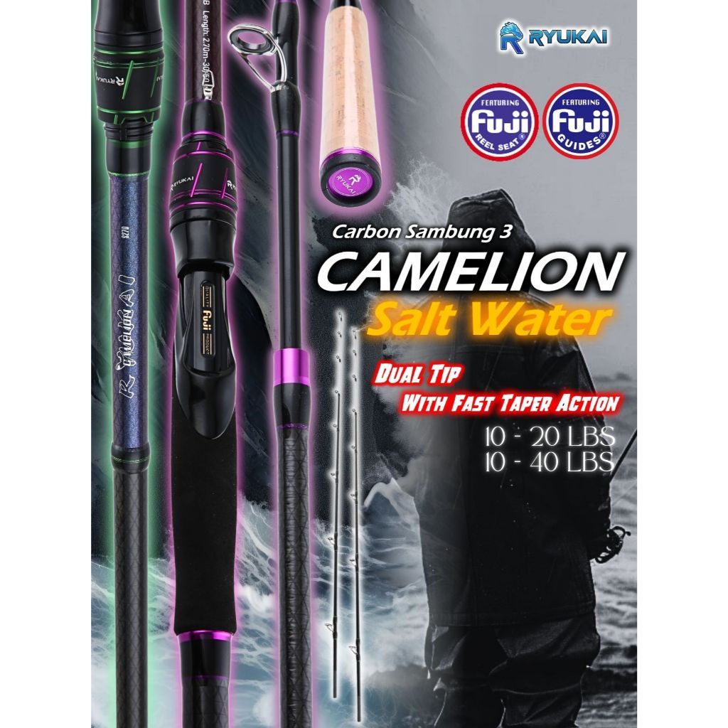 Joran carbon solid sambung 3 pasiran laut 10-40 lbs bonus 1 tip ujung solid carbon Ryukai Camelion
