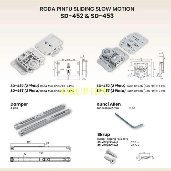 HUBEN RODA REL PINTU LEMARI SLIDING GESER SLOWMOTION HUBEN SD-452 -2PINTU /2METER