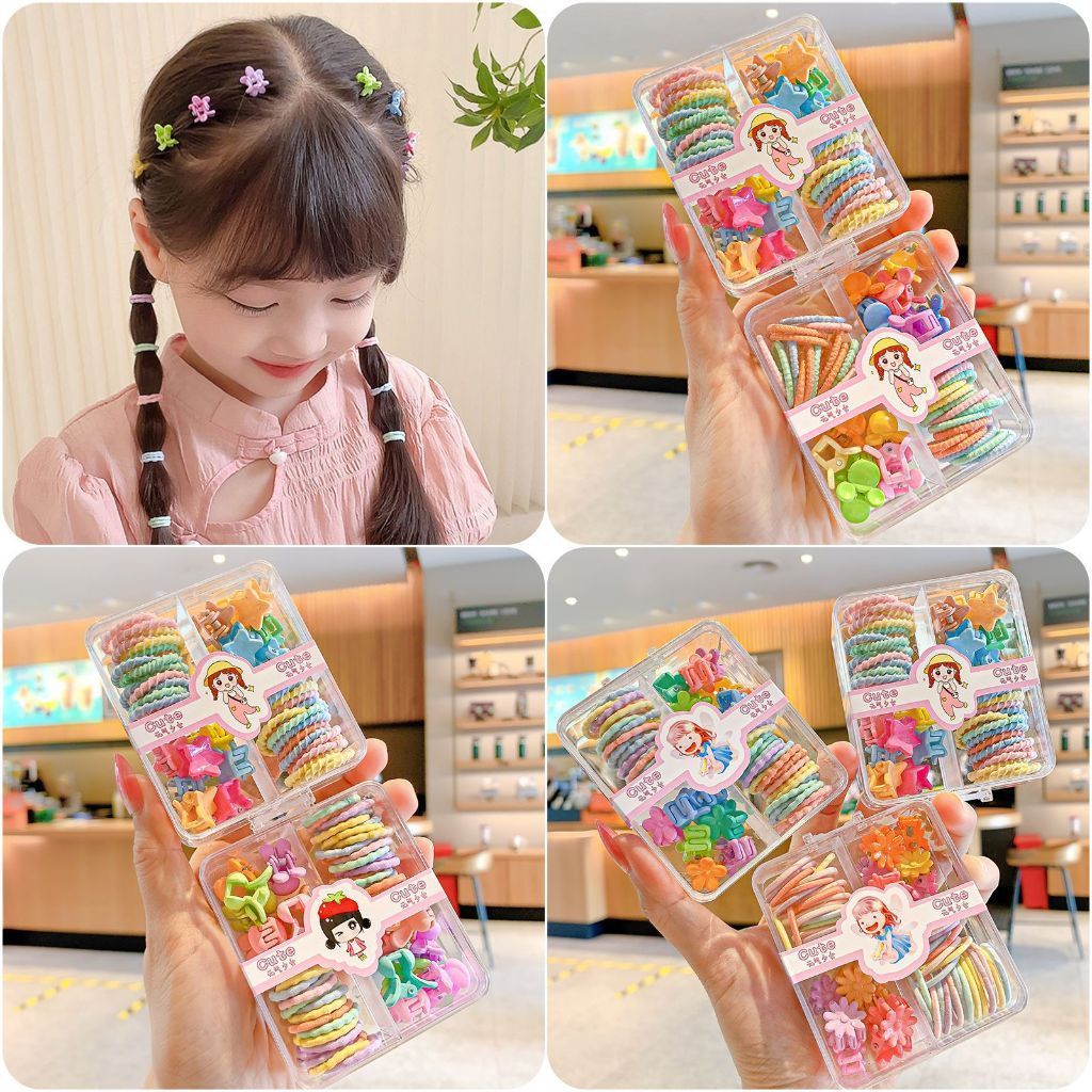 •KEDAI SALSA• JP2017 Set Aksesoris Anak Ikat Rambut Karet Box Kuncir Jepit Mix Pastel Korea  Hair Cl
