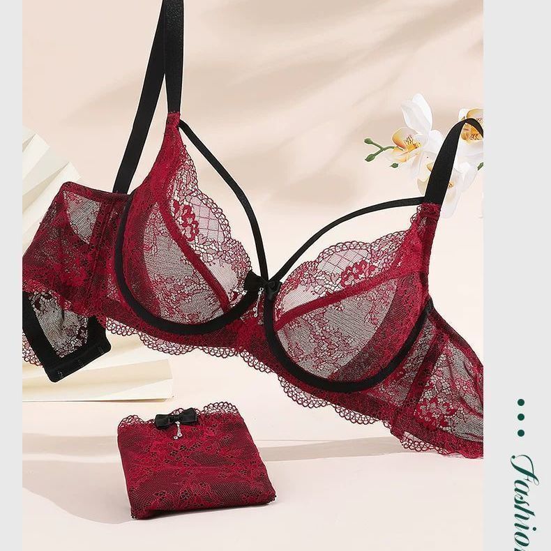 LadyAllure COD Set Bra Wanita Lace Sexy Full Cup Tipis Kawat Push Up Support Bra Transparan Lingerie