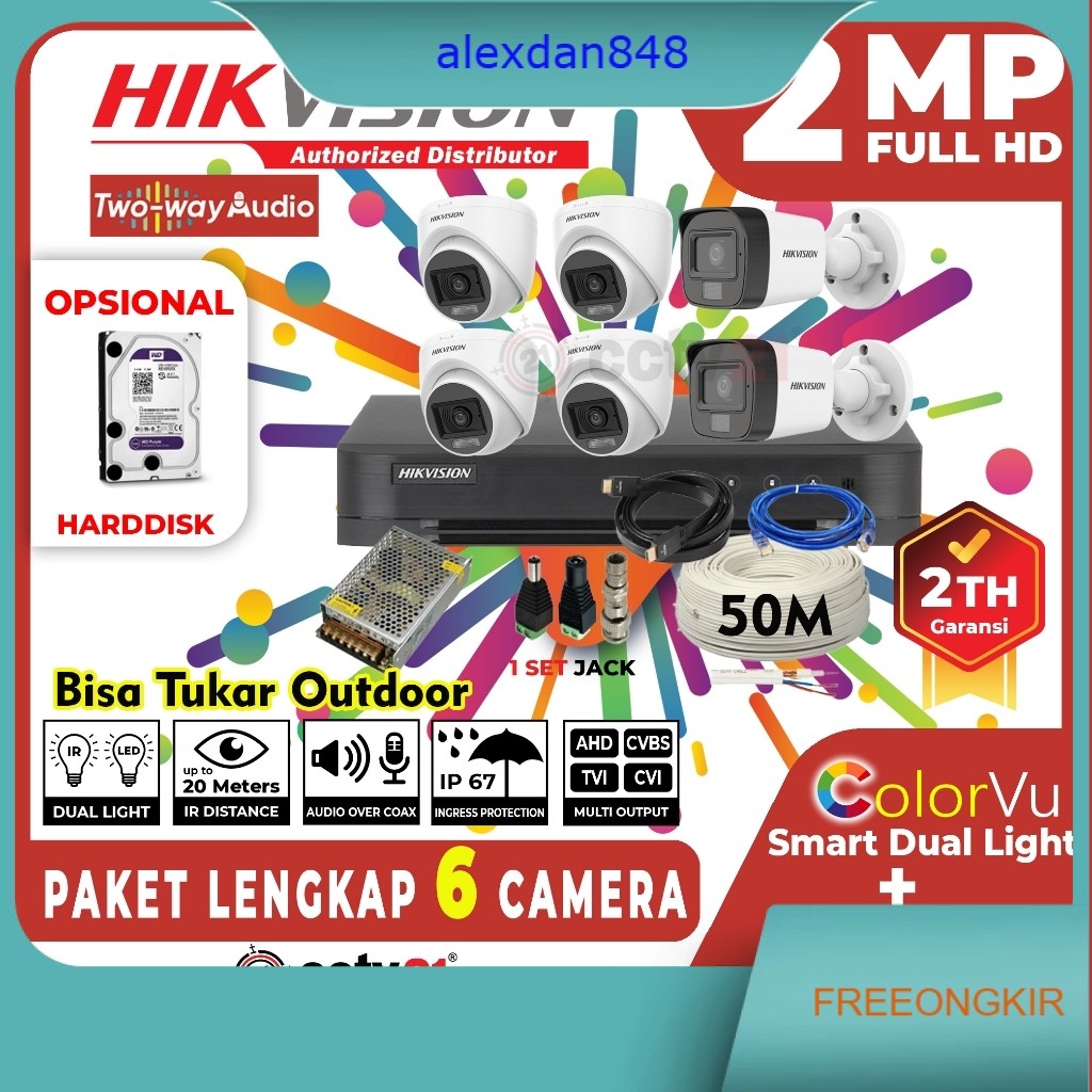 Paket Lengkap CCTV MIC AUDIO HIKVISION 6CH / 6 Channel Kamera HD 2MP